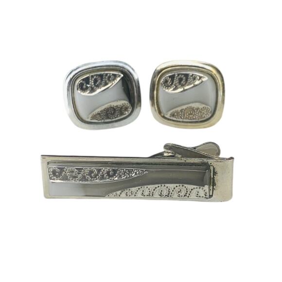 Mens Tie Clip and Pair Cufflinks Set Vintage 1960s Silvertone Gray Stone - Picture 5 of 10
